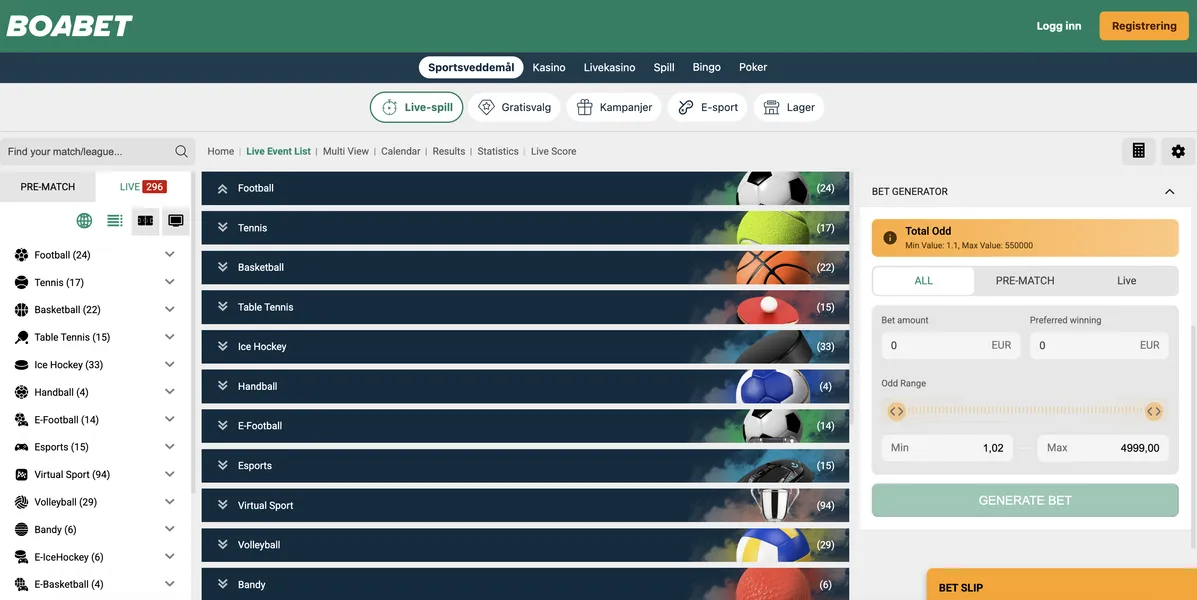 Live betting hos Boa Bet